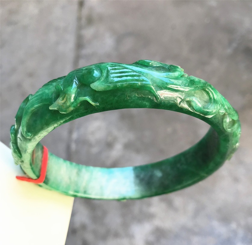 85mm Burma Natural Icy Green Jadeite Jade Bracelet Carving Dragon Jade Bangle