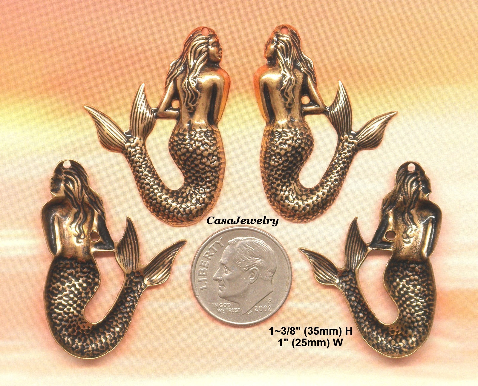 #0141 ANTIQUED GOLD L & R MERMAIDS W/TOP HANG HOLE – 4 Pcs (2 Pr)