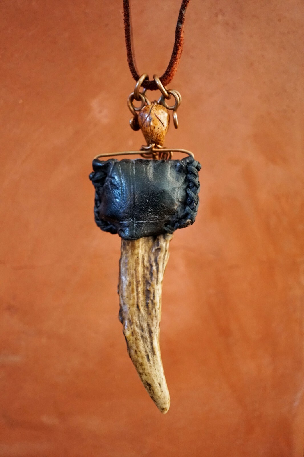 Artisan Crafted Statement NECKLACE with Skull, Talon, Izida Gem Stitched Leather