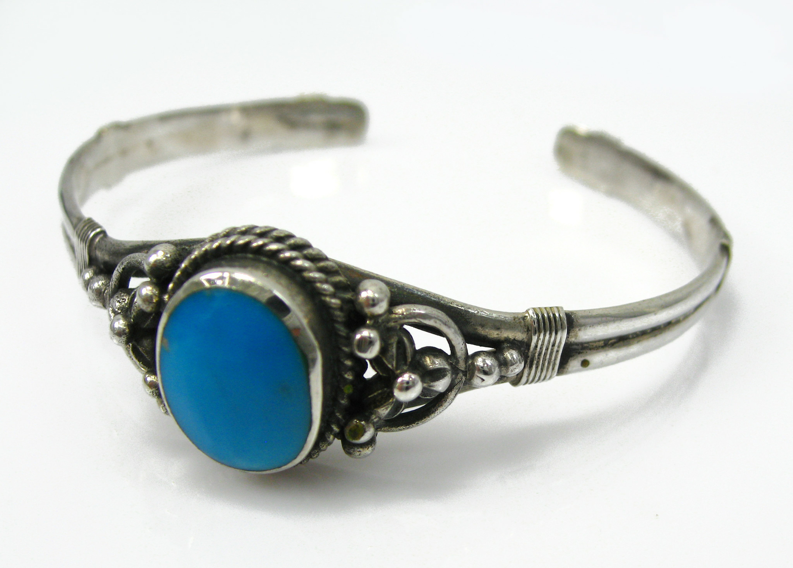Turquoise Small Flower 925 Sterling Silver Cuff Bracelet (17.0g)
