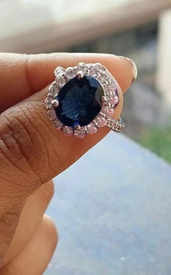 3.40Ct Oval Natural Blue Sapphire & Diamond Wedding Ring 14K White Gold Size 6