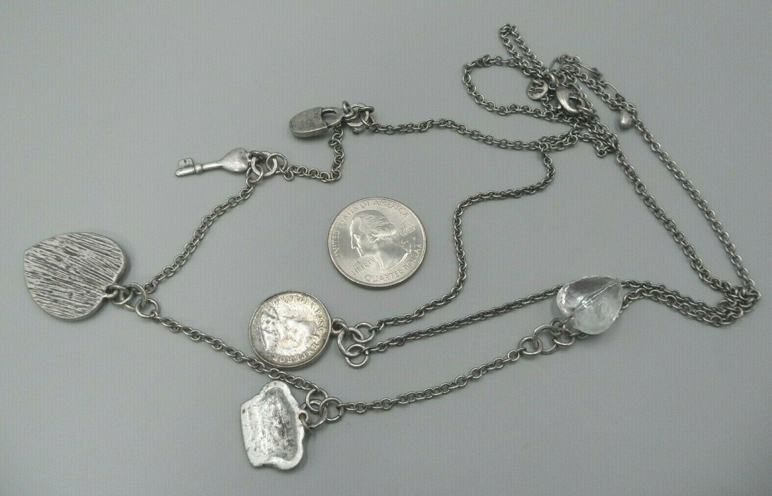 AE Signed Charm Necklace American Eagle Layered Coin Heart Crown Lock Key EUC