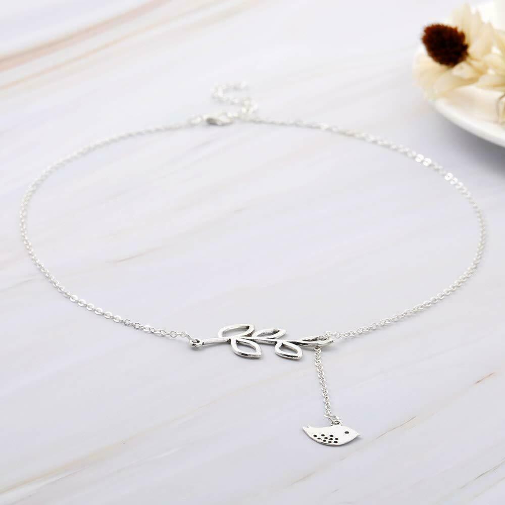 USA Elegant Spring Time Silver Bird and Leaves Lariat Pendant Necklace Jewelry