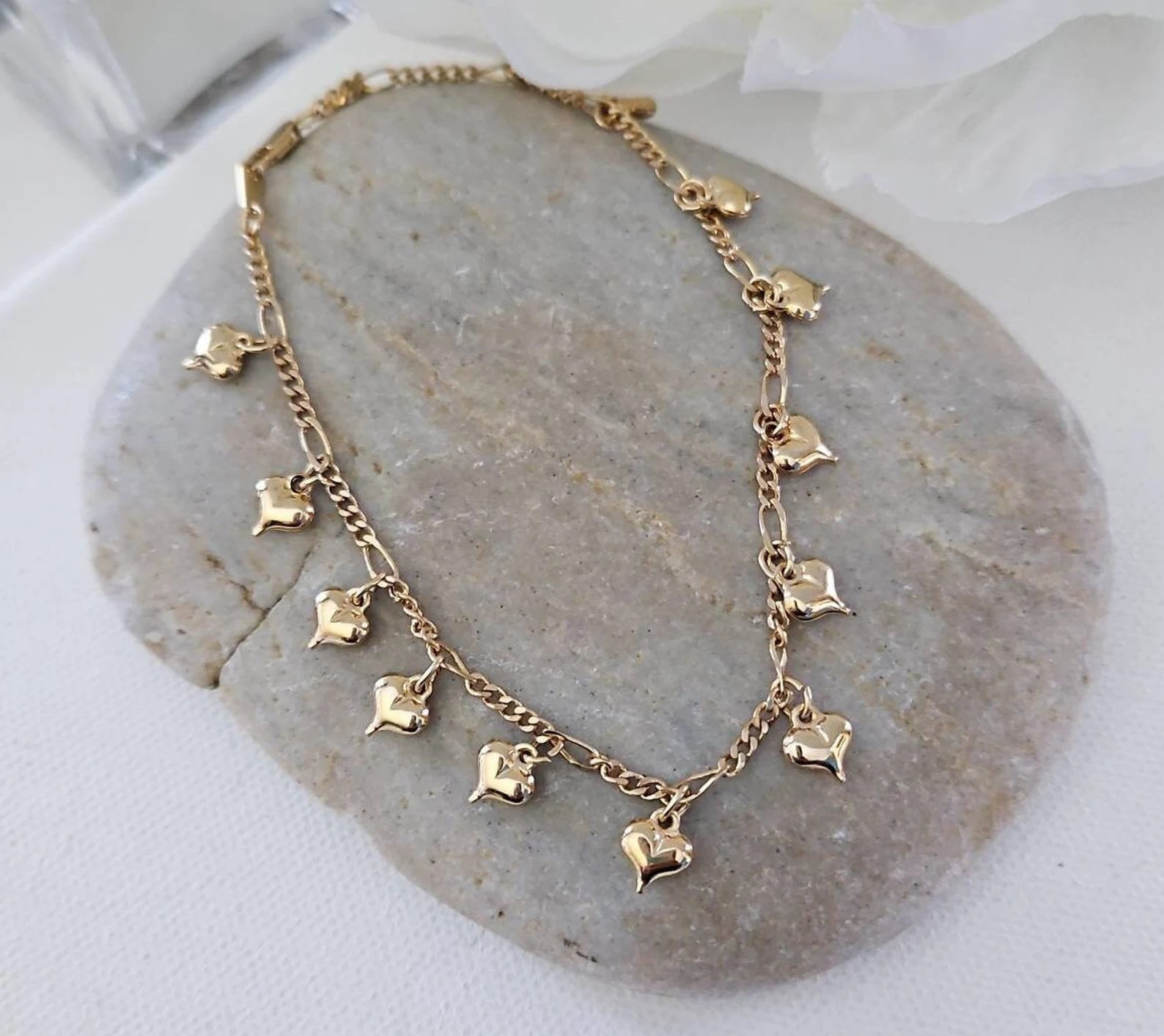 Gold Bracelet, Anklet or Choker, Dangling Hearts, 14k Heavy Plated Gold,