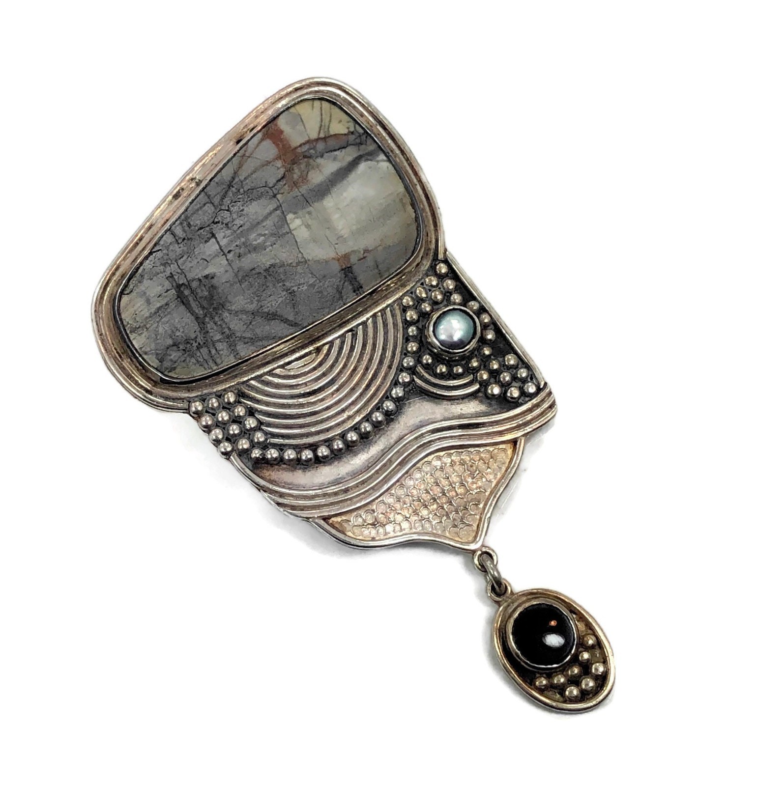 Picasso Stone, Designer, Yuma, Sterling Silver, Large, Modern Contemporary, Onyx