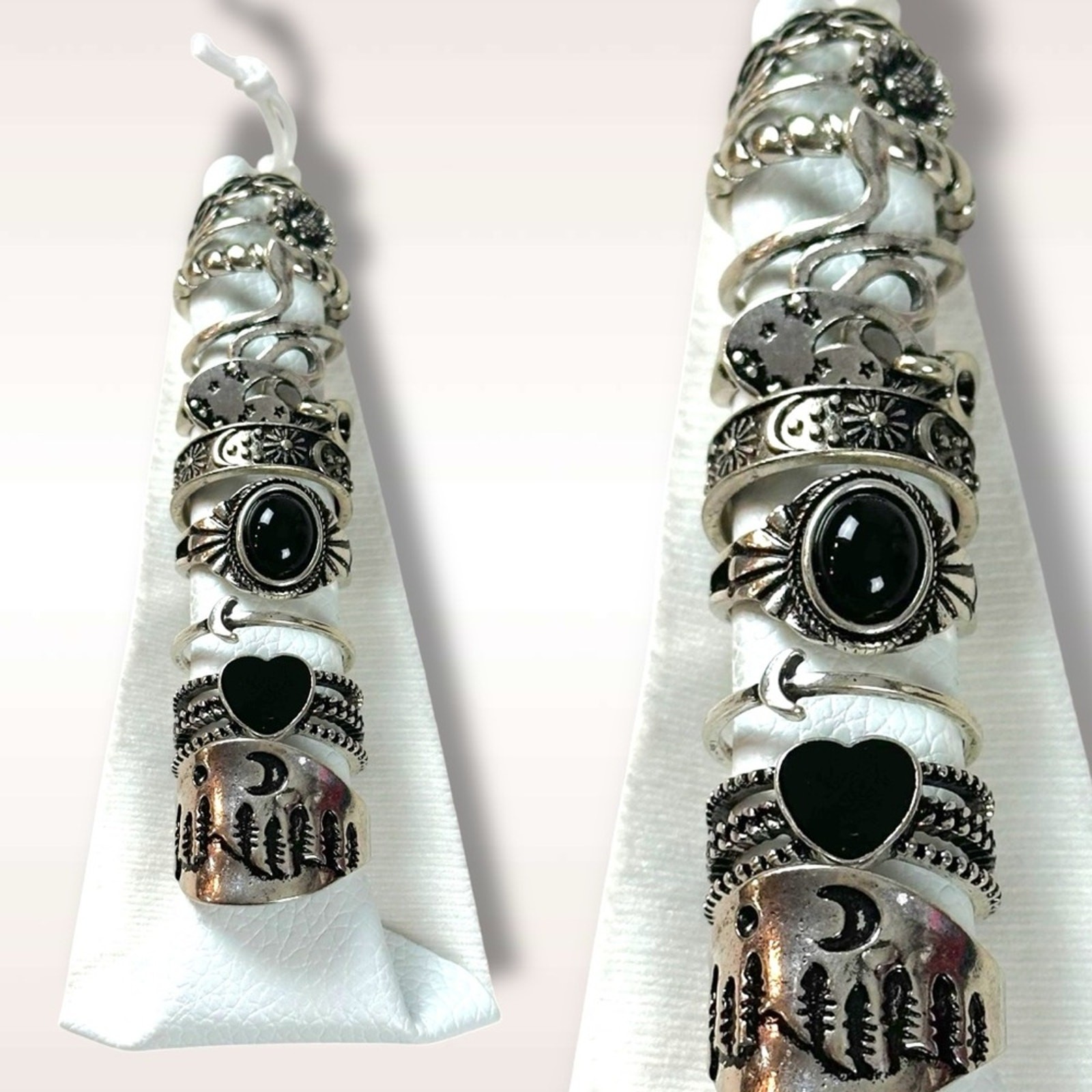 Free People Celestial Western Bohemian Ring Set Silver Onyx Snake Moon Star NWT