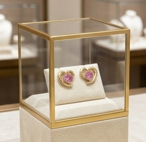 3ct Round Simulated Pink Ruby Cute HEART Stud Silver Earrings Yellow Gold Plated