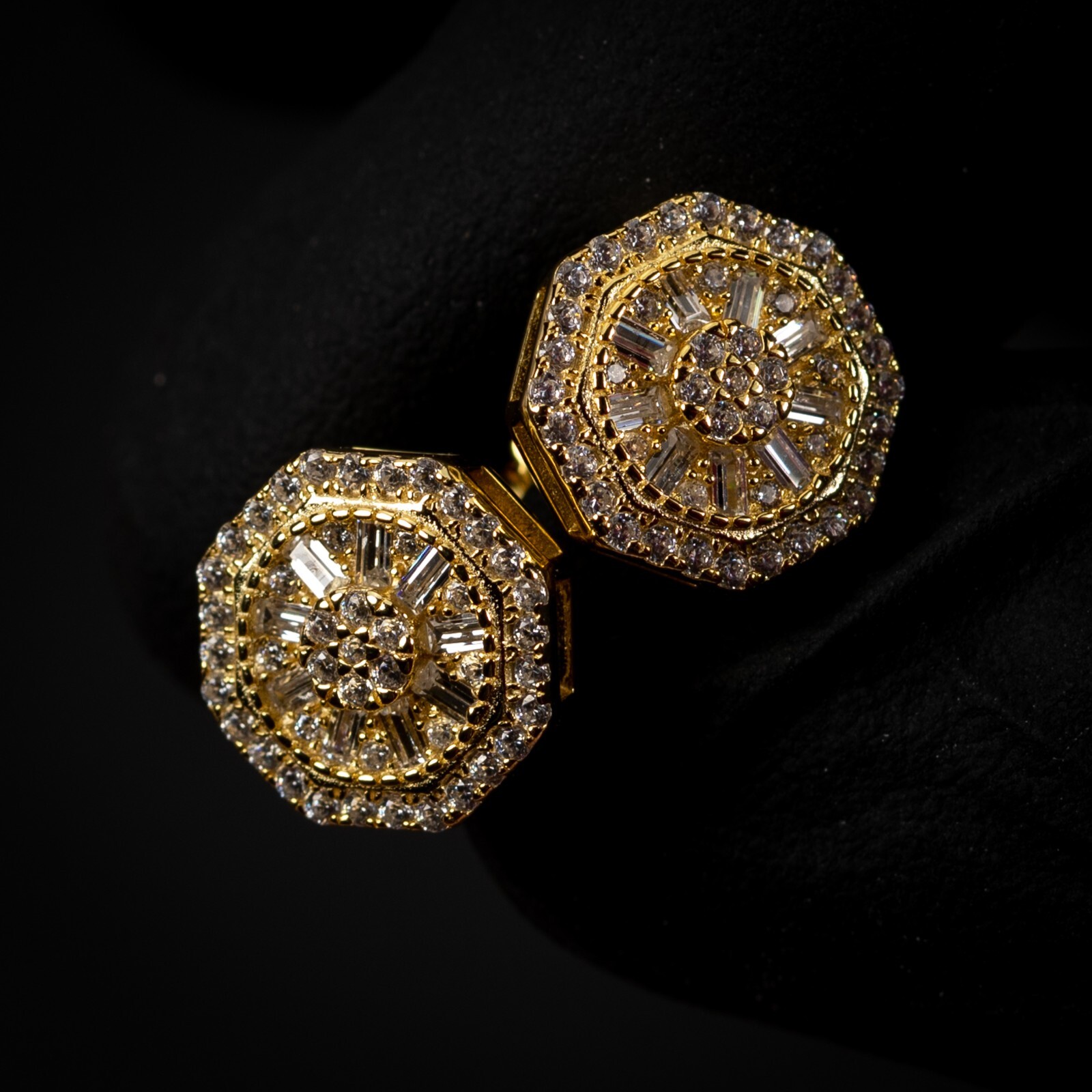 Hip Hop Yellow Gold Plated 925 Sterling Iced Mens Octagon Shaped Stud Earrings