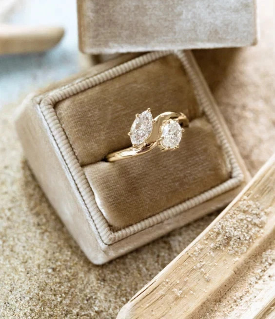 2Ct Marquise & Oval Cut Lab Created Diamond Toi Moi Ring 14K Yellow Gold Plated