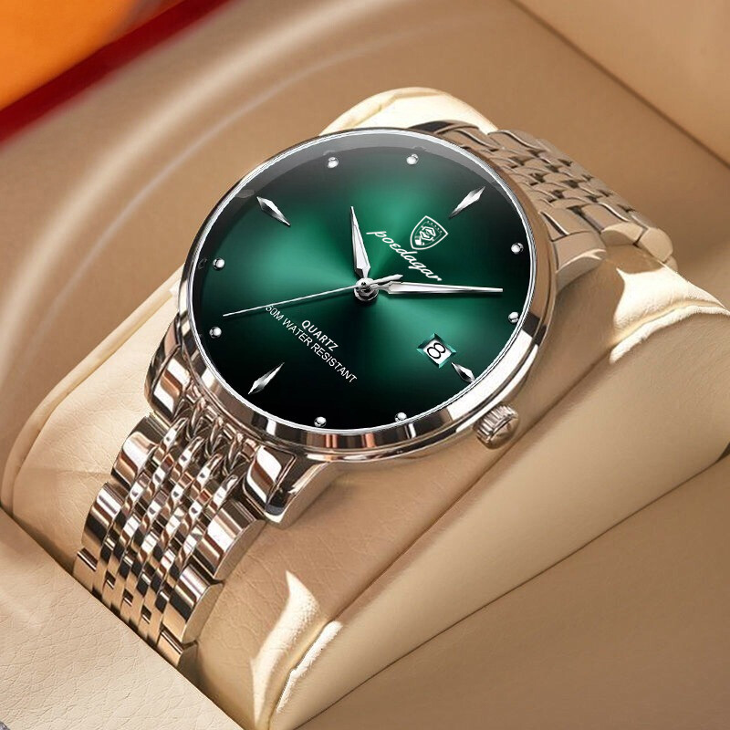 POEDAGAR Luxury Business Men’s Quartz Watch Slim 3Bar Luminous Date Stainless