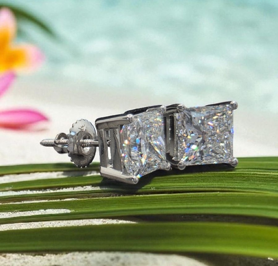 4.00Ct Princess Cut Lab Grown Diamond Stud 14k White Gold Earrings IGI Certified