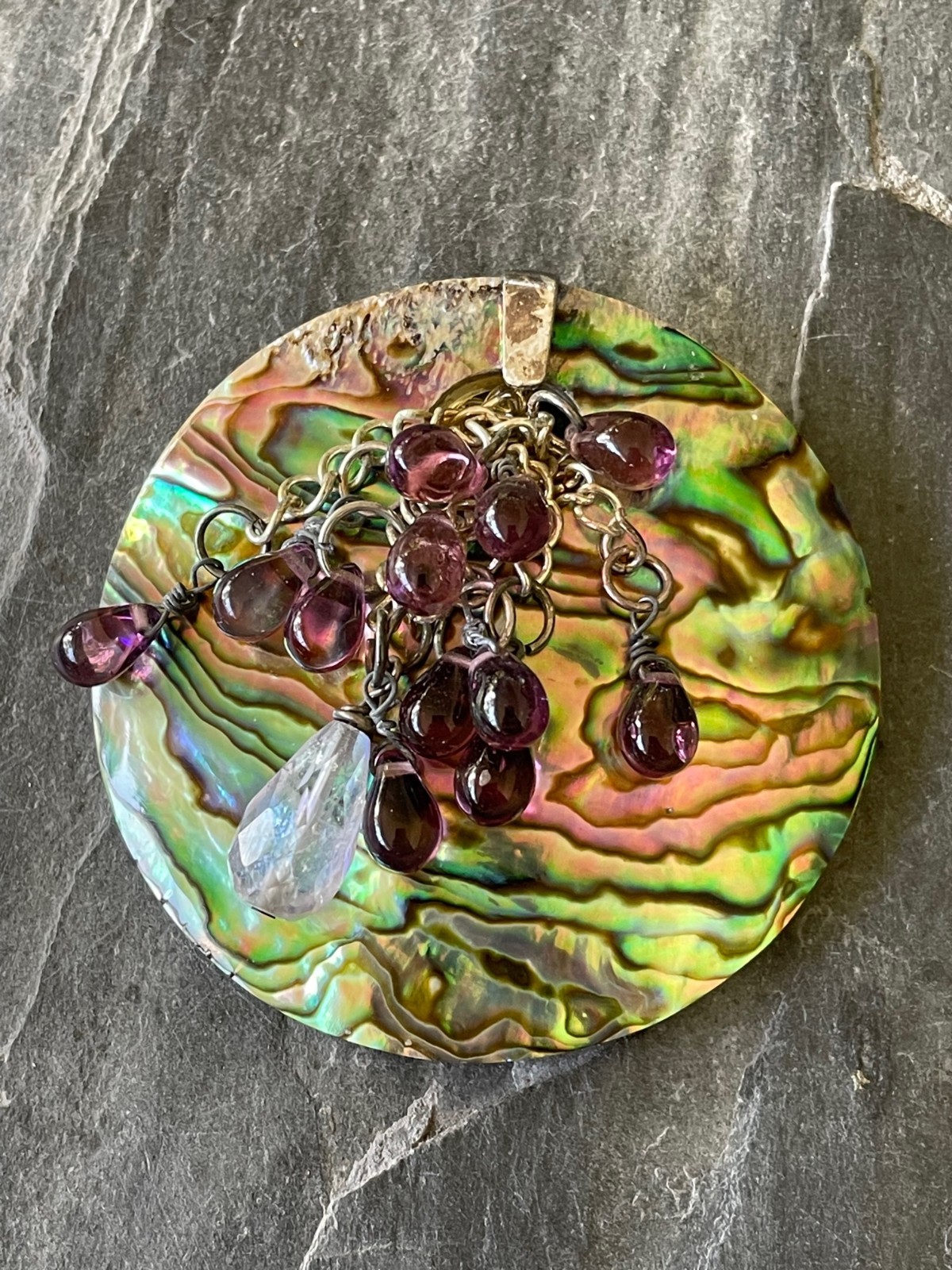 Vintage Abalone Shell Carved Pendant 925 Bail Fun Qwerky Colorful Estate Vtg