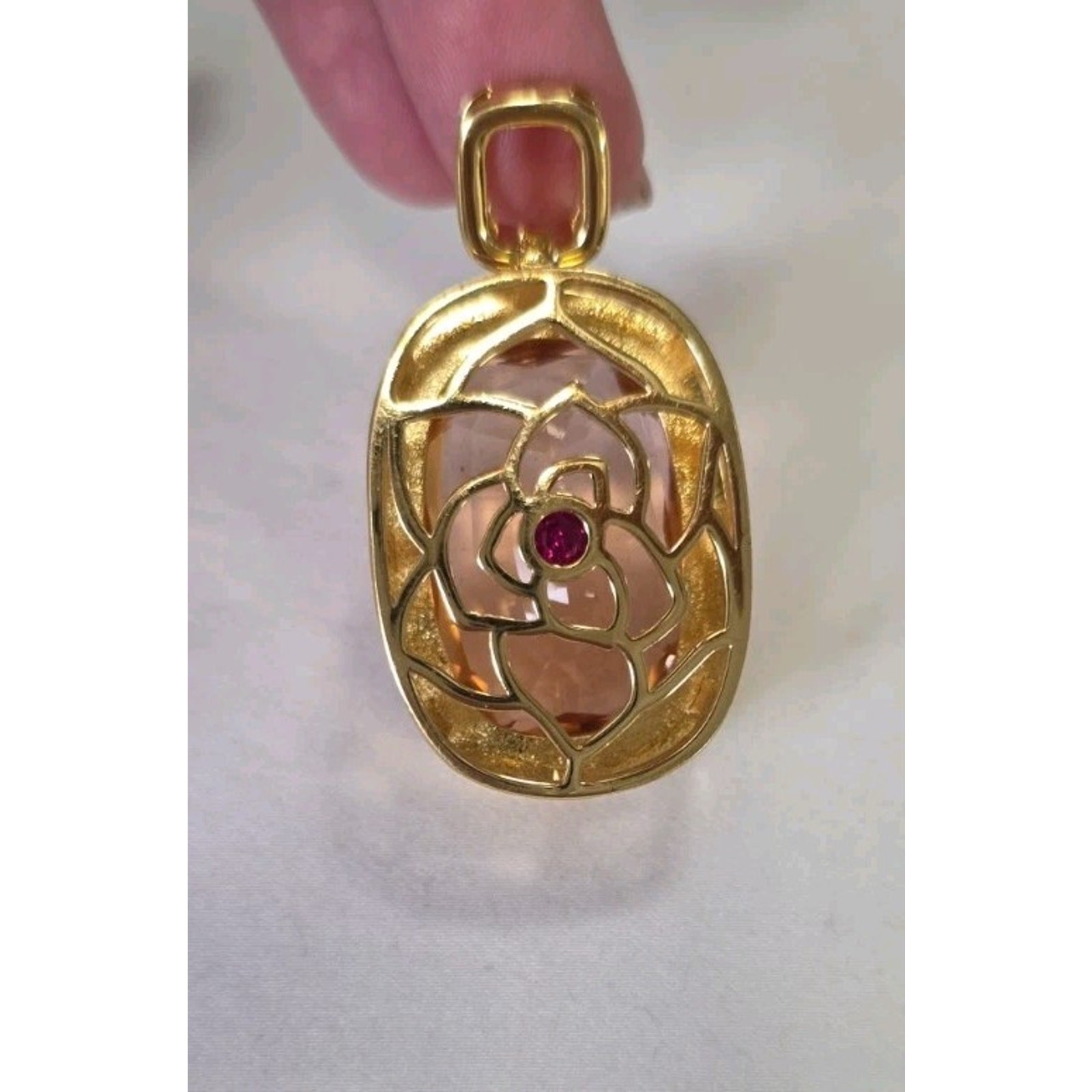 Large Light & Dark Pink Statement Pendant Reversible Floral Filigree Gold Tone