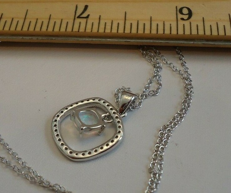 OPEN ROUND SQUARE NECKLACE PENDANT W/LAB ACCENTS & OPAL / 925 STERLING SILVER