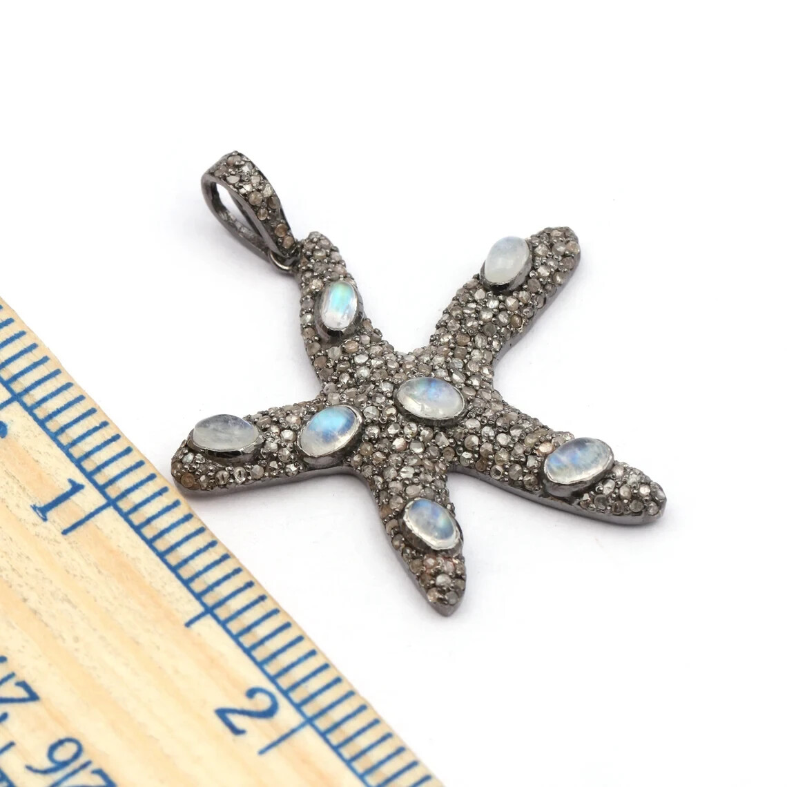 Star Fish Design Diamond &Rainbow Moonstone Gemstone Pendant 925 Sterling Silver