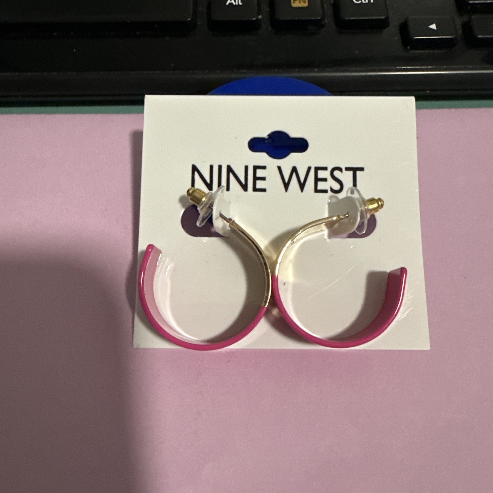 Nine West Gold Tone Pink Enamel Hoop Earrings Marked. New Spring Easter