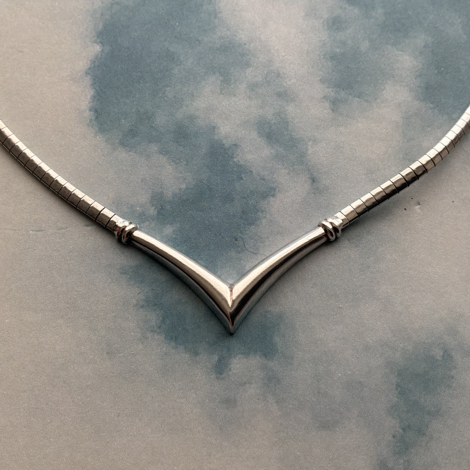 Sterling Silver Snake Chain W/V Shape Collar Necklace, Stamped 925 Made In Italy
