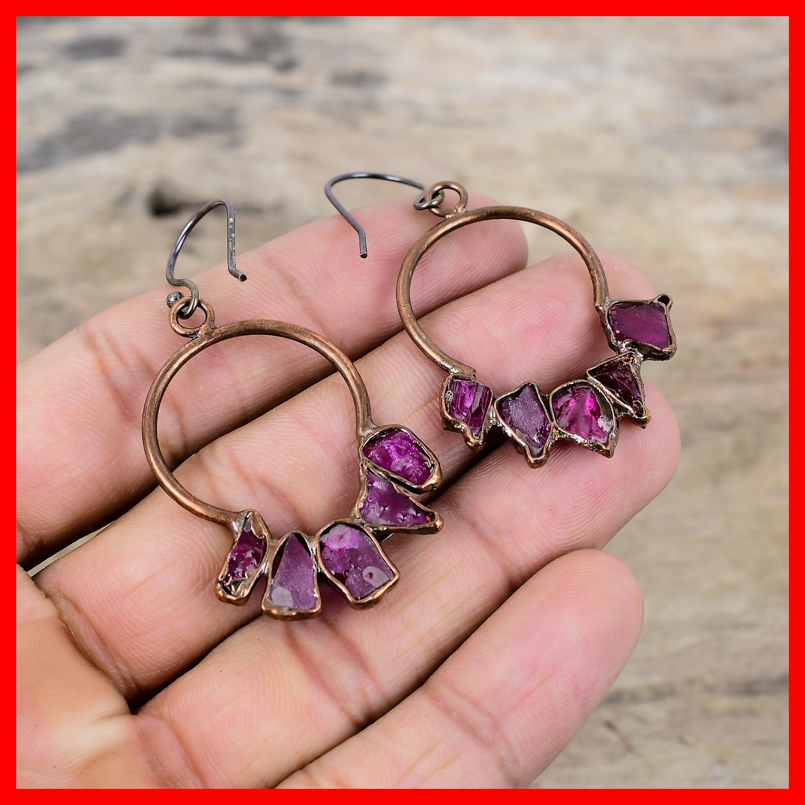Pentagon Pink Tourmaline Rough Stone Electroformed Dangle Drop Earrings Copper