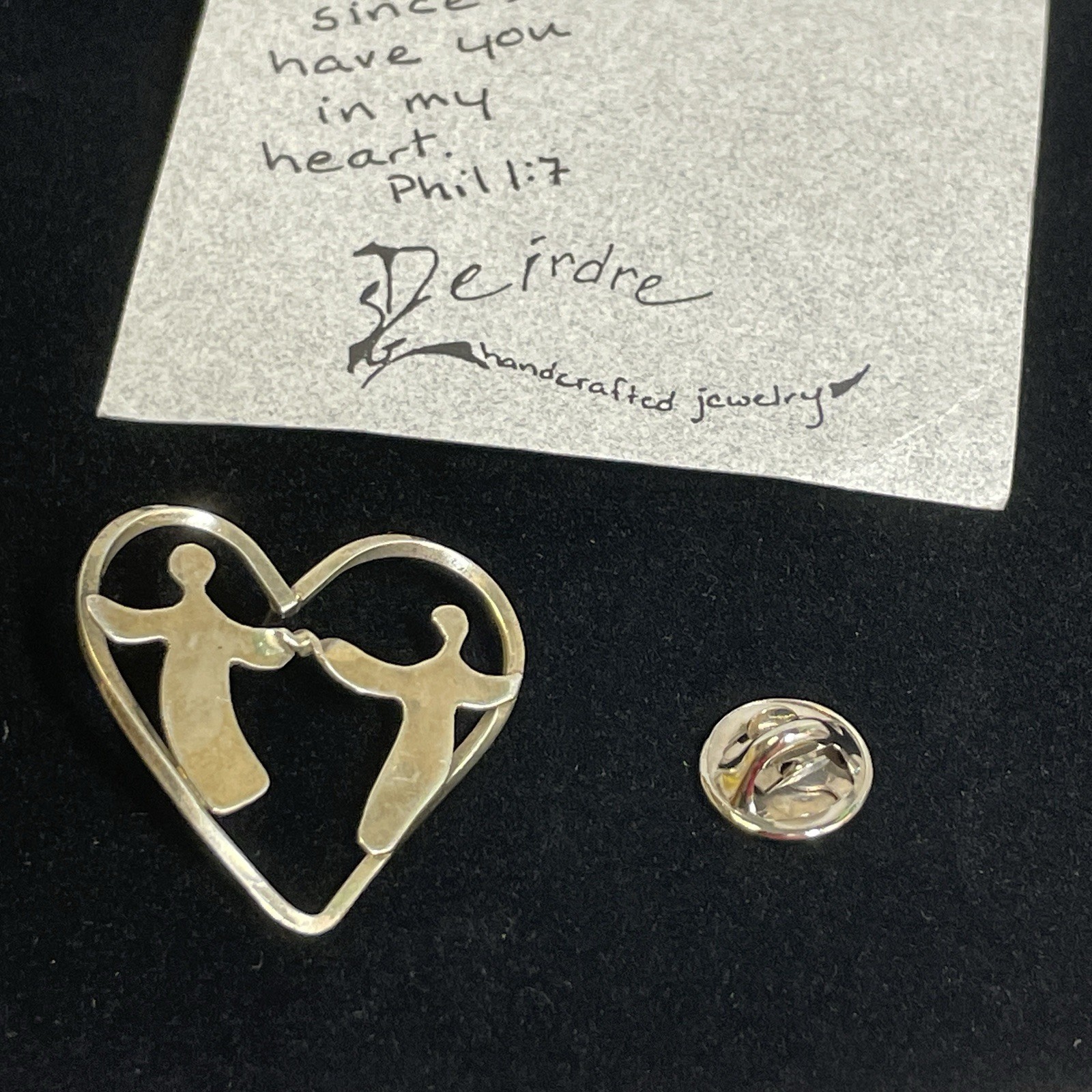 Sterling Silver Handcrafted Heart Outline Brooch With Couple Holding Hands, 2.7g