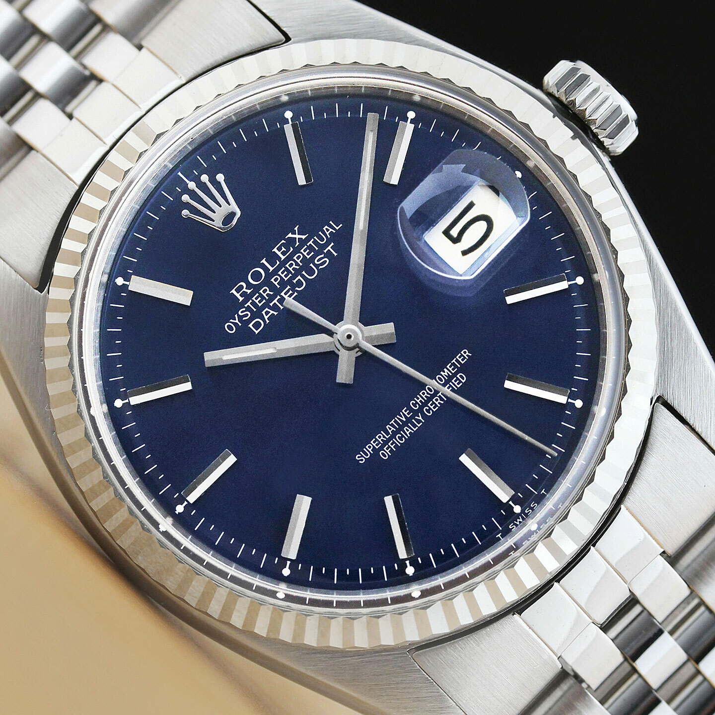 ROLEX MENS DATEJUST BLUE DIAL 18K WHITE GOLD & STAINLESS STEEL WATCH