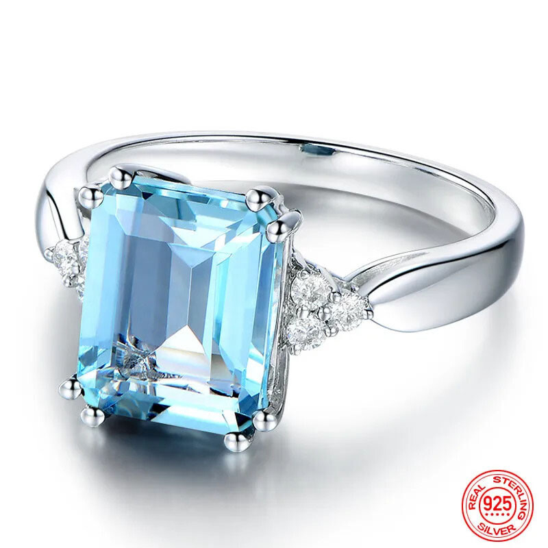 Natural Aquamarine Ring 925 Sterling Silver Turquoise Women Jewelry Size 6-10