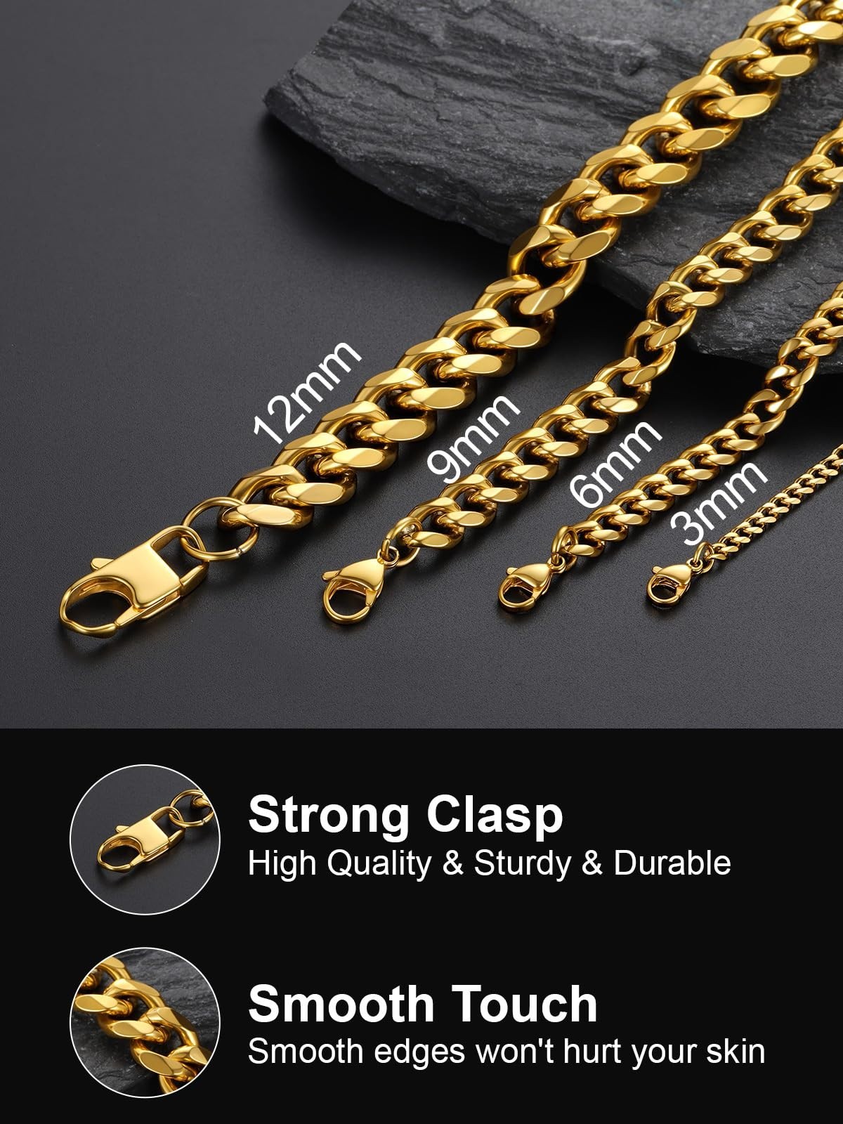 Chunky Cuban Link Chain Necklace, Stainless Steel Gold/Black, 14-30″ Curb Chain