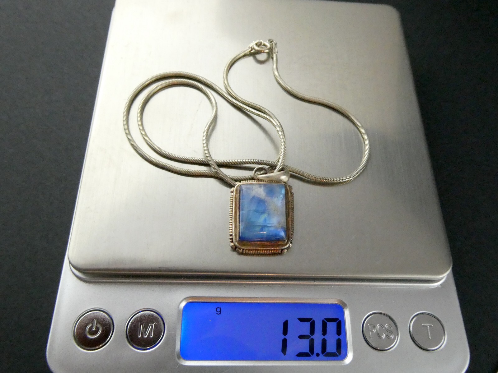 Vintage Sterling Silver Blue Moonstone Rectangular Cabochon Pendant Necklace 925