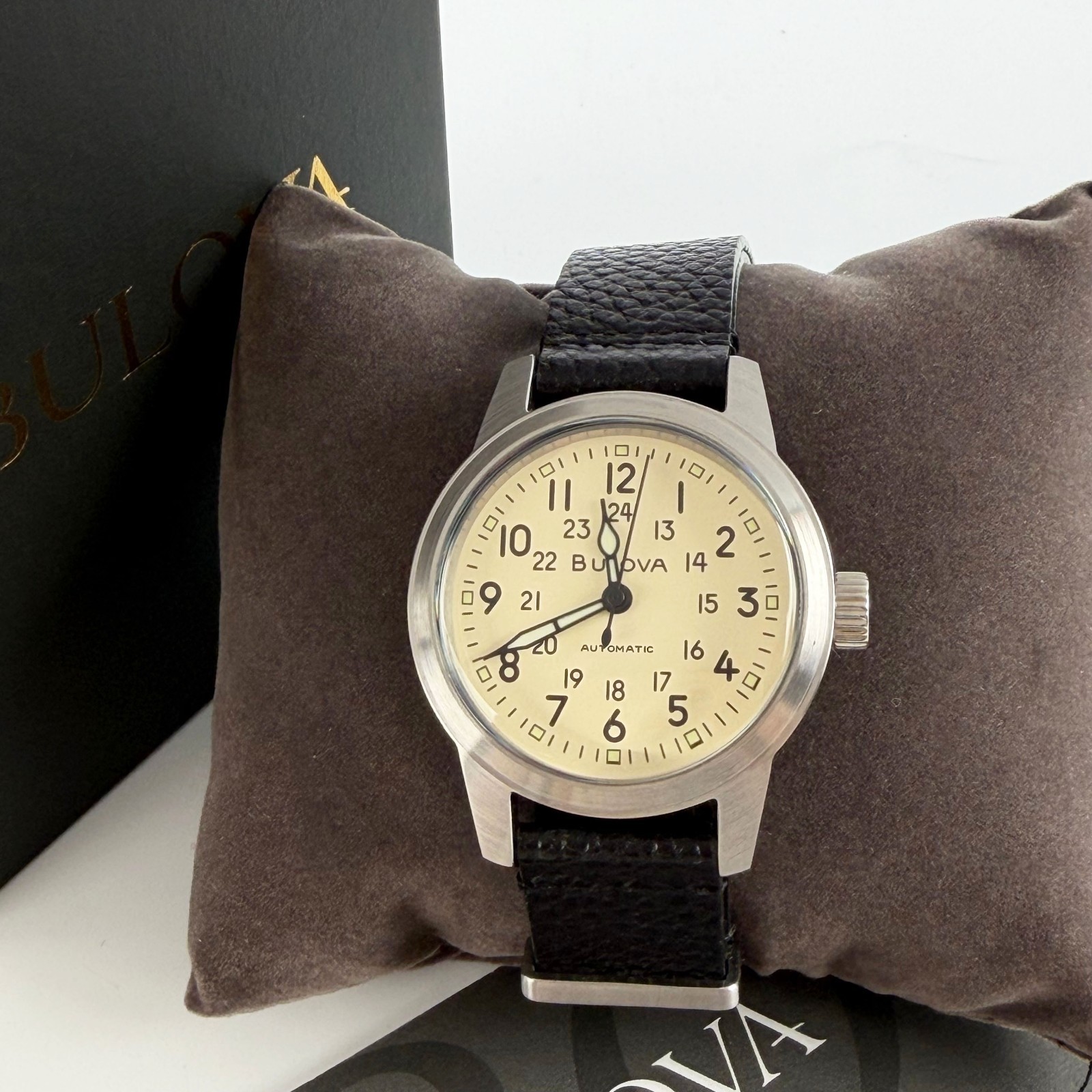 New Bulova Men’s Hack Automatic Watch Ivory Dial Leather Strap 96A246 38 mm