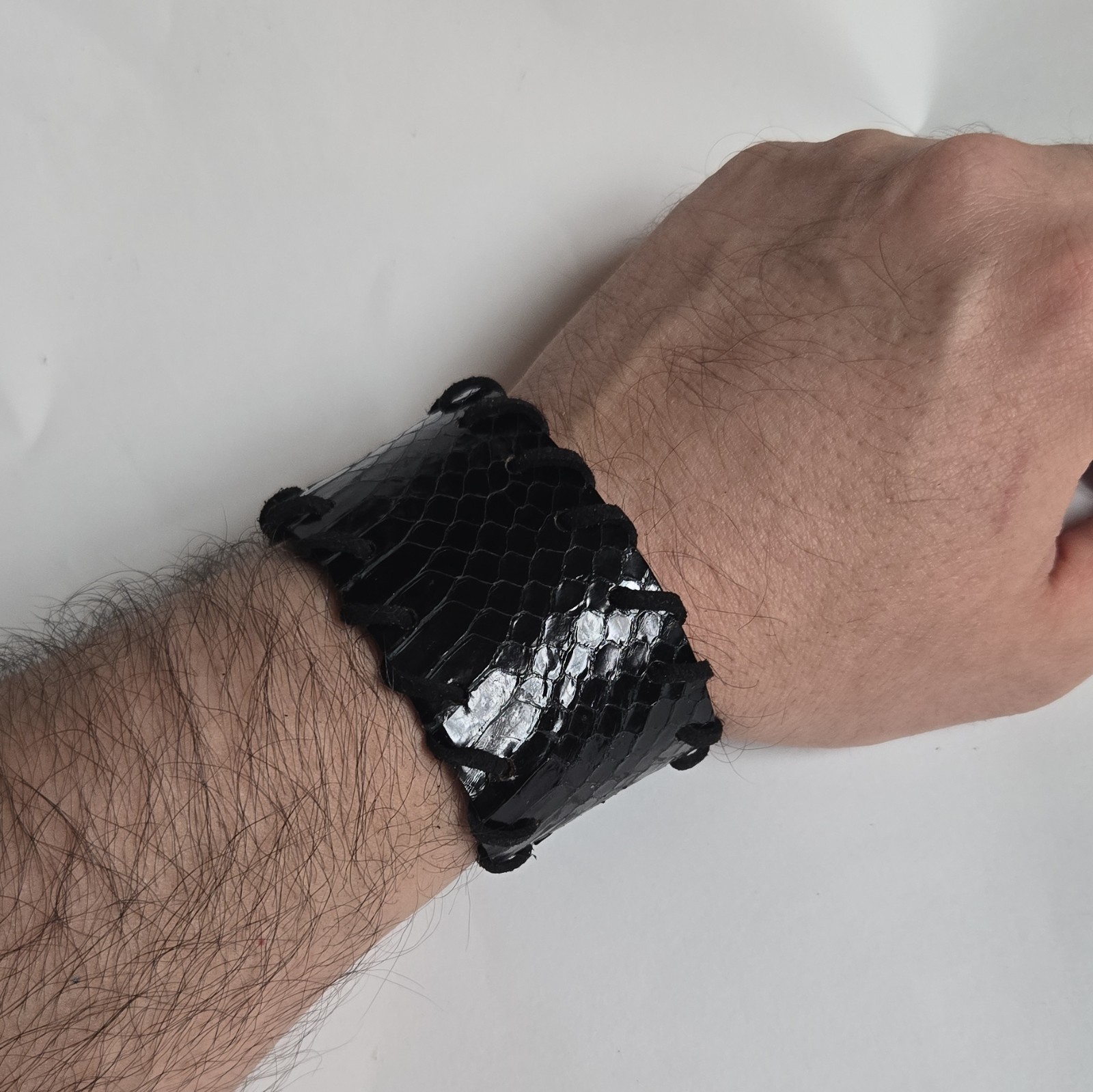 REAL Snakeskin / Leather Wide Cuff Bracelet, Snap Closure, Black 8 in.