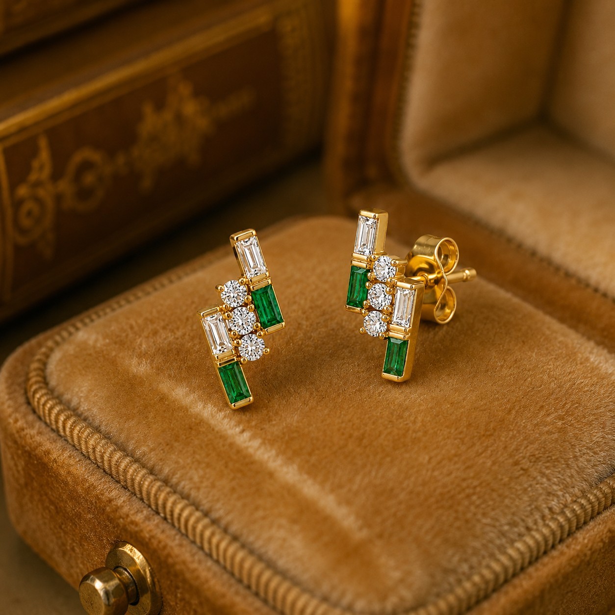 Baguette Emerald &Diamond Half Bezel Stud Earrings Solid 14K Yellow Gold Jewelry
