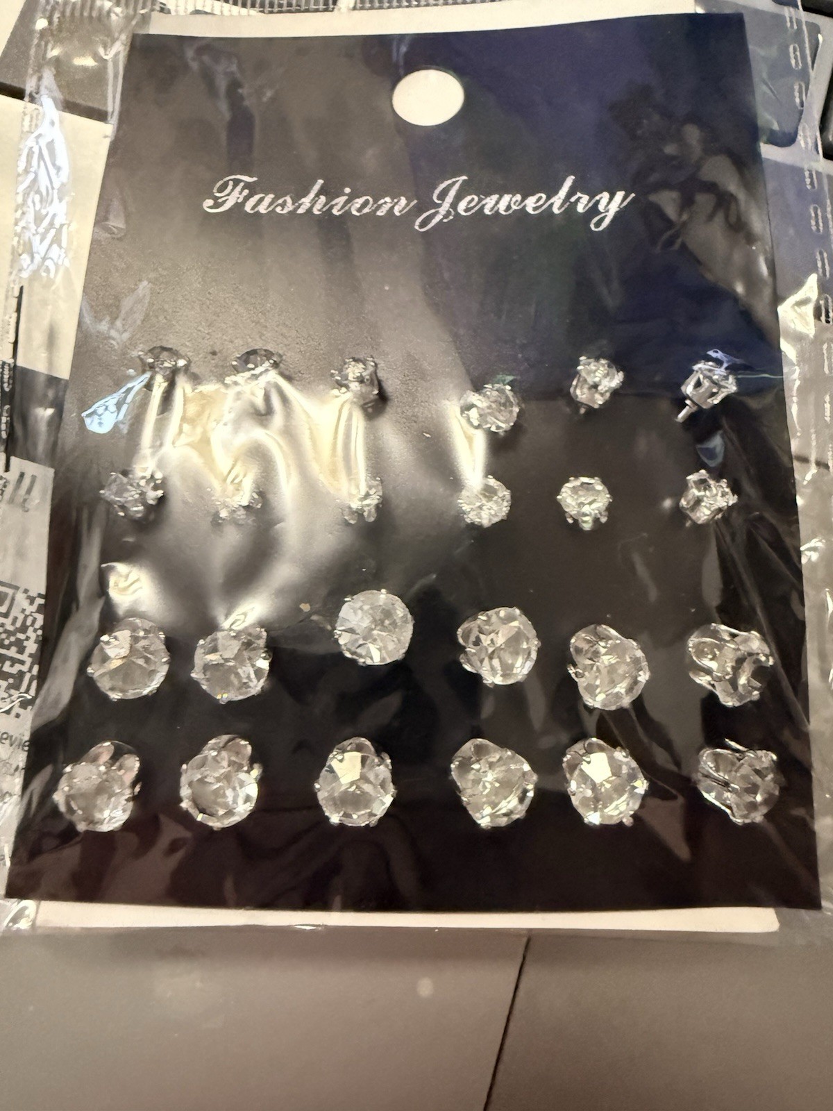 Clear Crystal Round Stud Earrings Multi-Pair Set, White/Colorless, 12 pairs