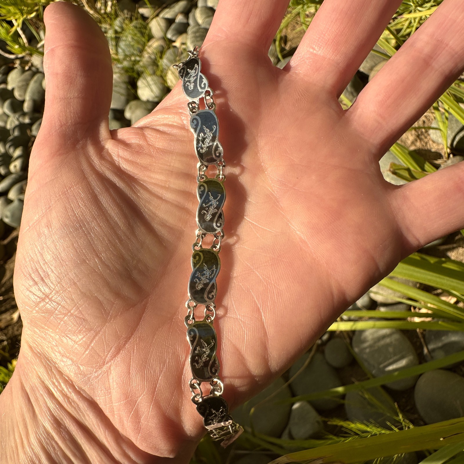 “SIAM STERLING” Thai Dancer Bracelet 6.5″ Sterling Silver w Niello Enamel 6.7g