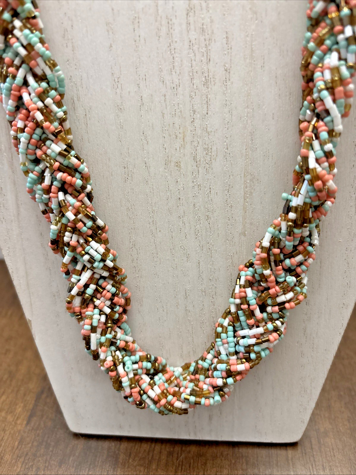 Handcrafted Beaded Necklace Brown Pink Turquoise White Pattern 24 Inch Long