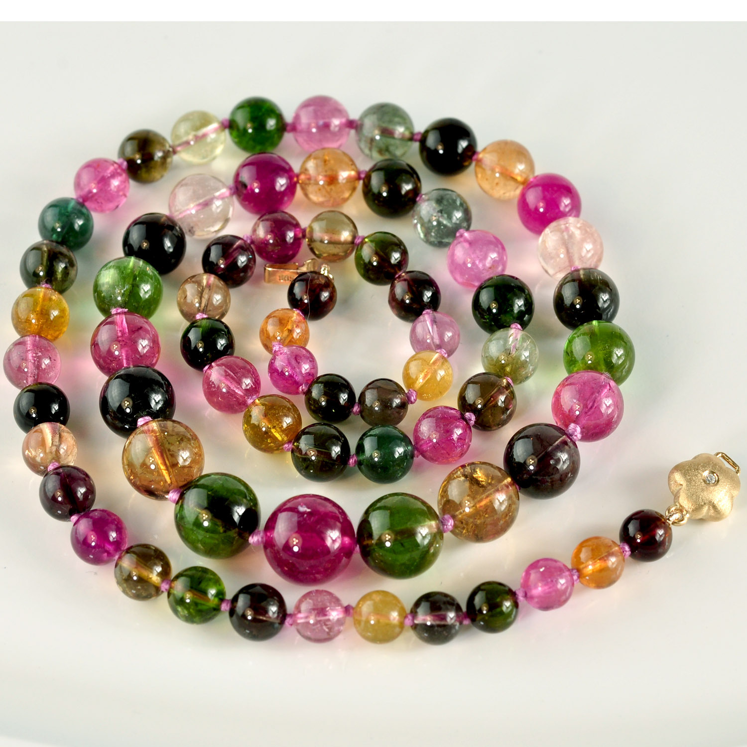 6.2mm-10.7mm Tourmaline Smooth Round Globe Bead Necklace 14K Diamond clasp