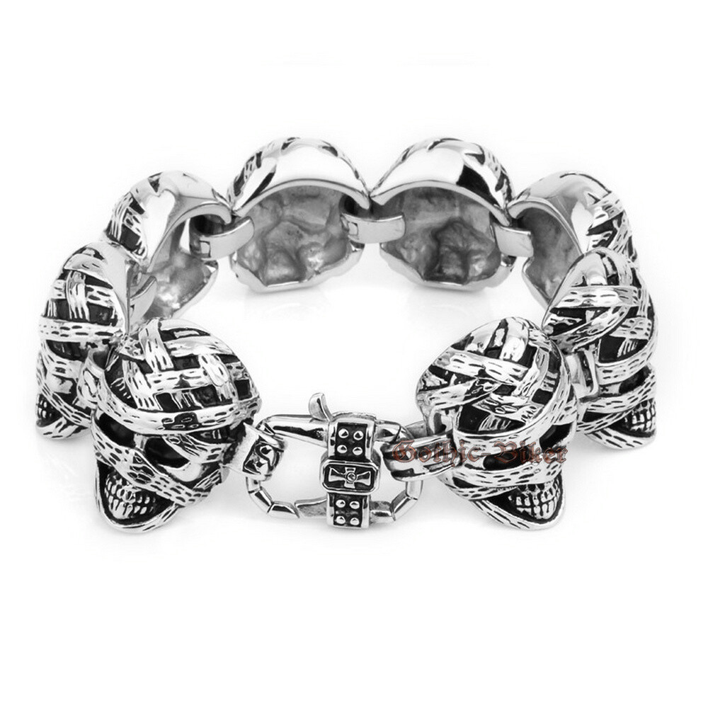 Punk Heavy Gothic Egypt Mummy Skull Stainless Steel Men’s Bracelet 7.5-9.4″(L)