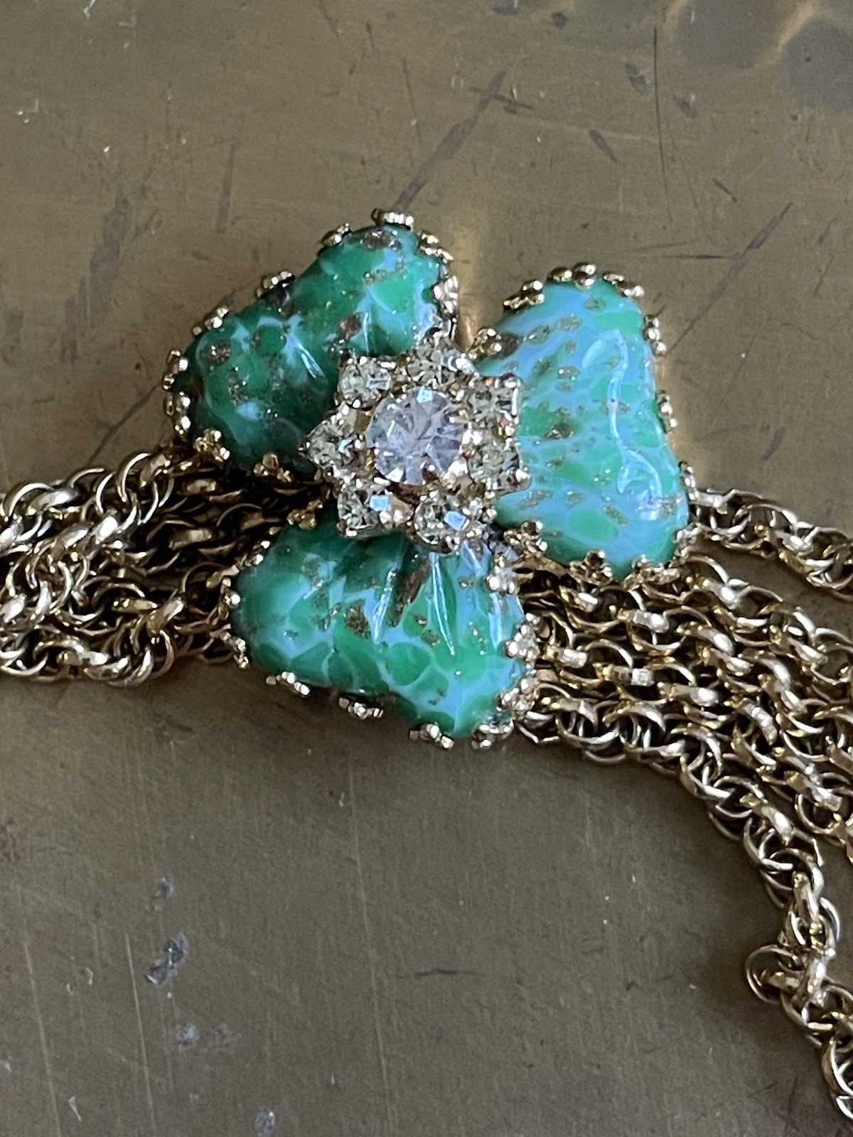 Vintage Hobe Mayorka Glass Sea foam Green Petal Flower Festoon Necklace