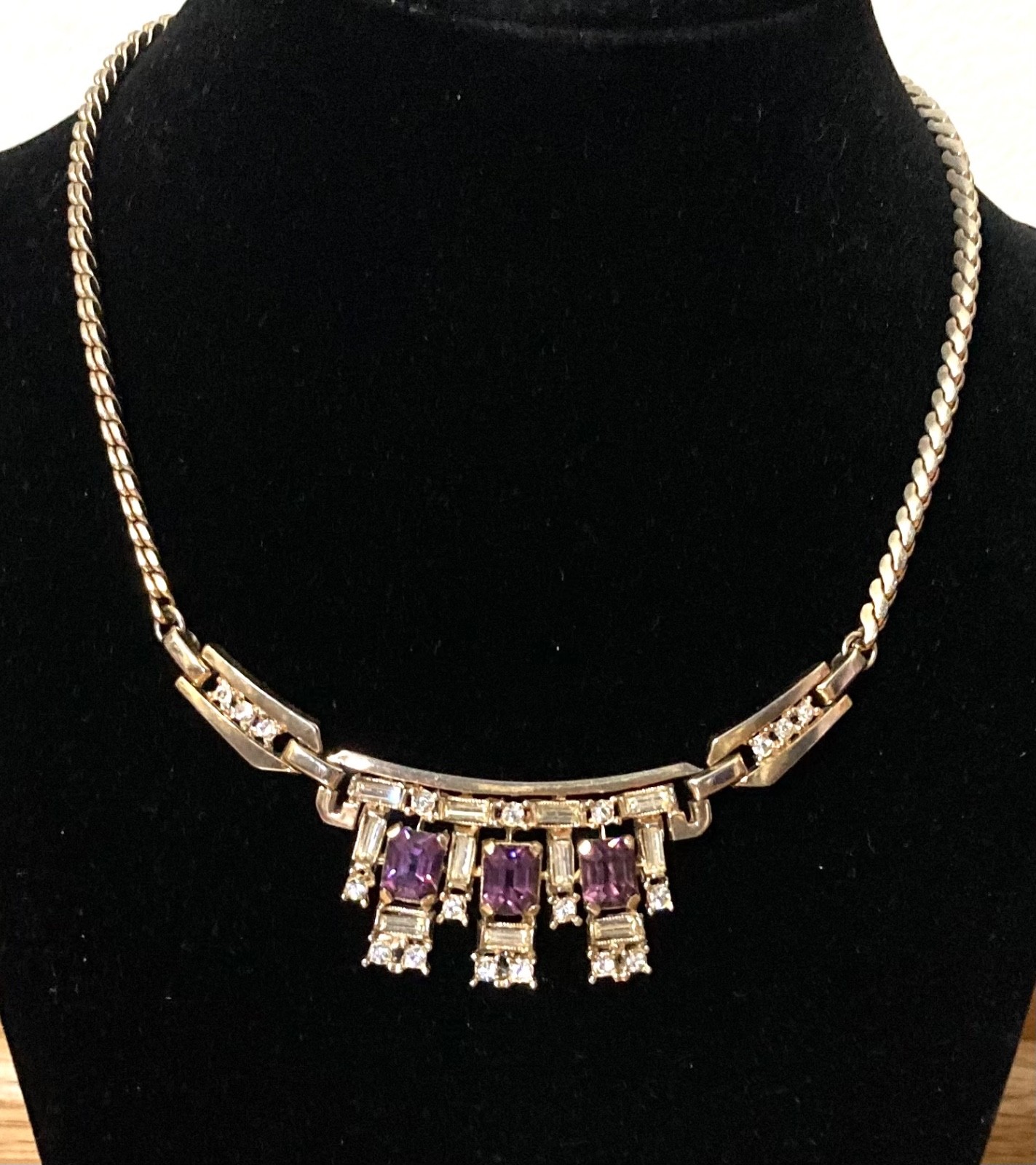 Vintage Louis Stern Lustern Goldtone Amethyst Color & Rhinestone Necklace Choker