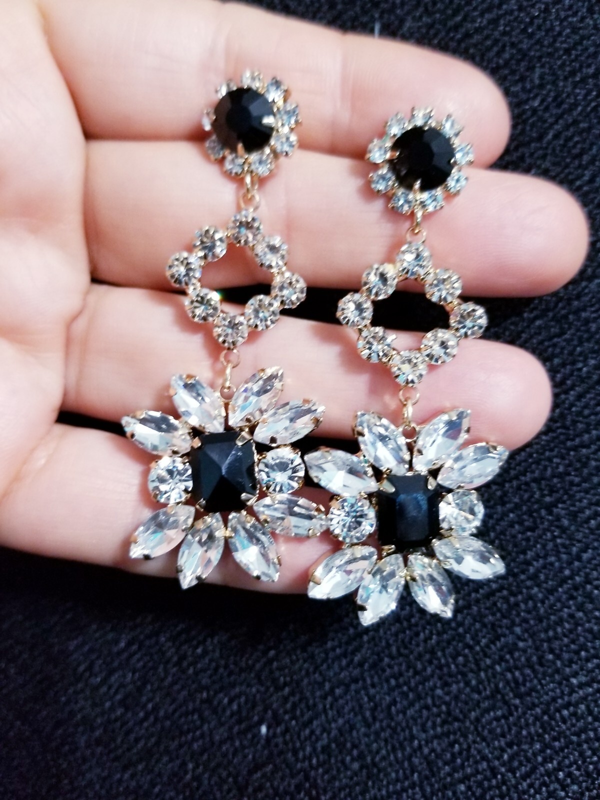 Bridesmaid Drop Dangle Chandelier Earrings 2.8 in Black Rhinestone Pageant Prom
