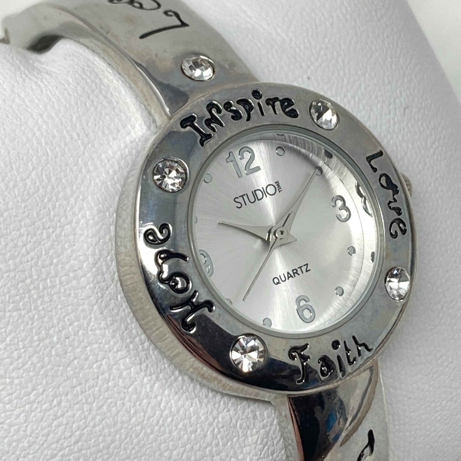 Studio Time Inspirational Watch Women Silver Tone Bling Cuff Faith New Battery