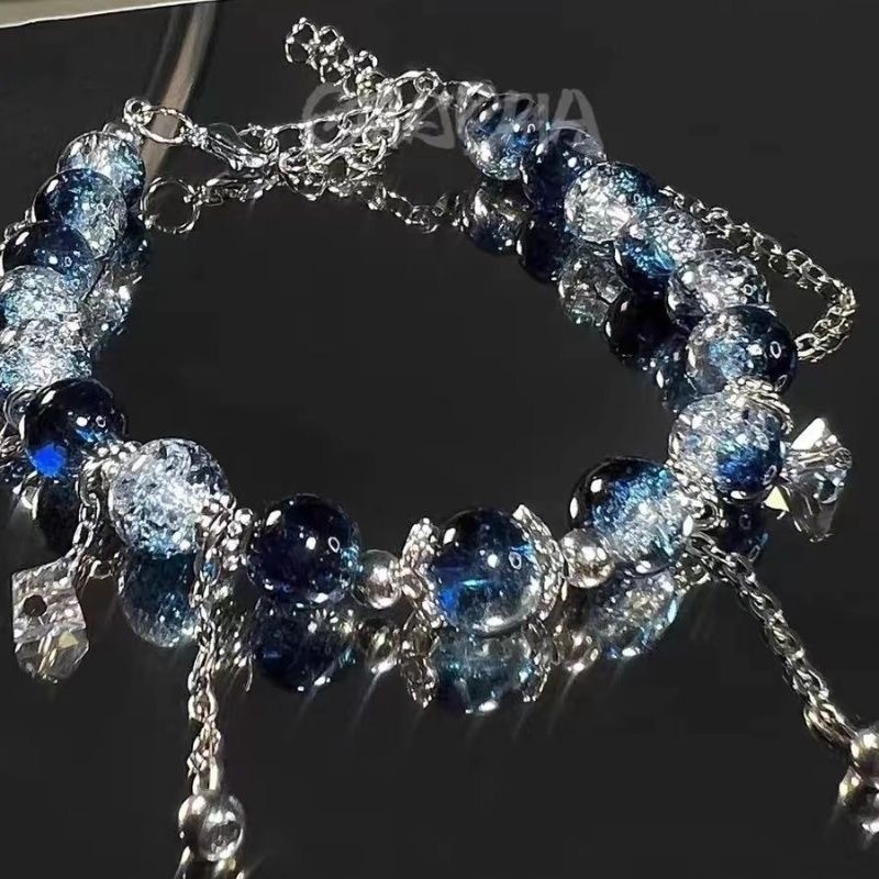 Gradient Blue Crystal Beaded Bracelet Flower Charm Stretch Hand Chain Gift