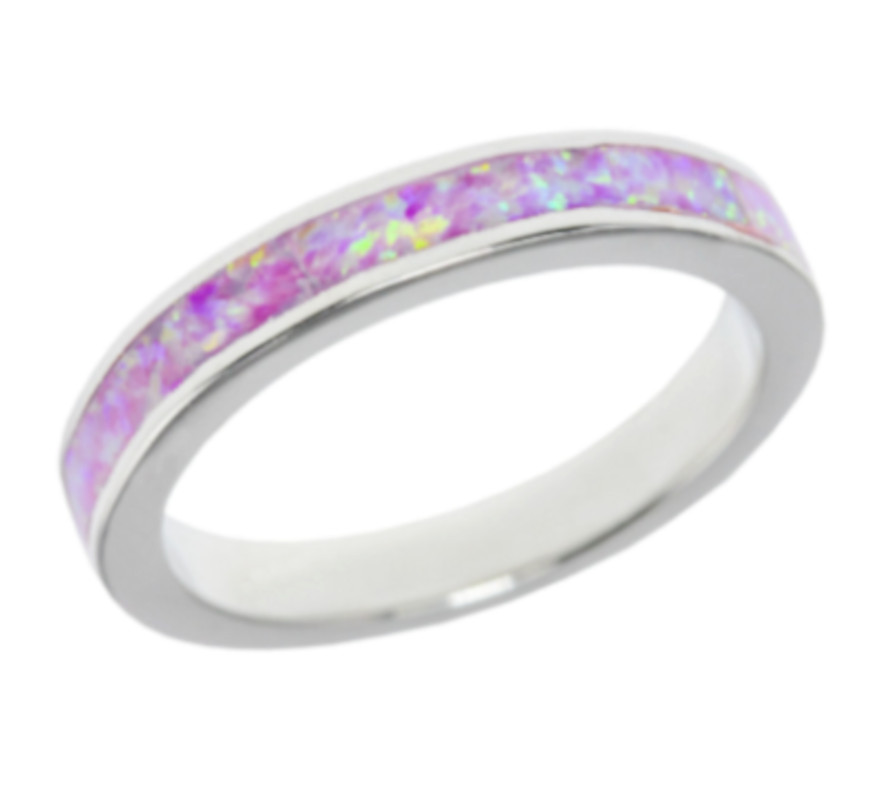3mm Created Opal Ring Sterling Silver 925 Band Stackable Eternity Pink Fire 5-10