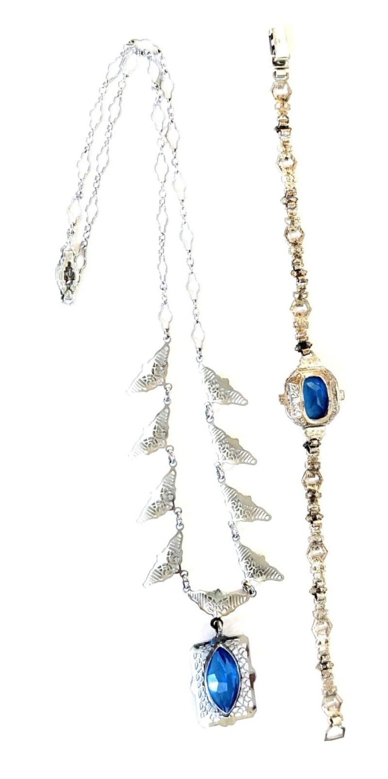 VintageEdwardian Filigree Silvertone Blue Glass Lariat Necklace and Bracelet
