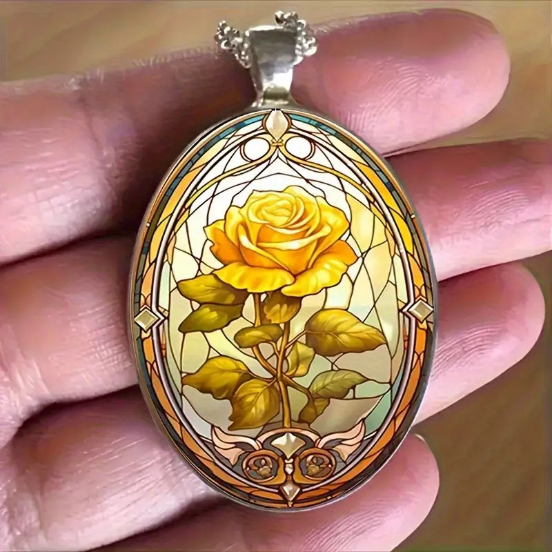 Flower Rose Oval Necklace Jewelry Vintage Silvery Gothic Pink Love Pendant D