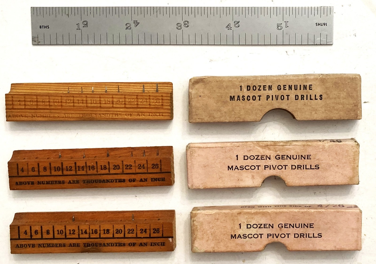 VINTAGE 15 WATCHMAKER’S MASCOT FLAT PIVOT DRILLS BY GROBET USA IN ORIGINAL BOXES