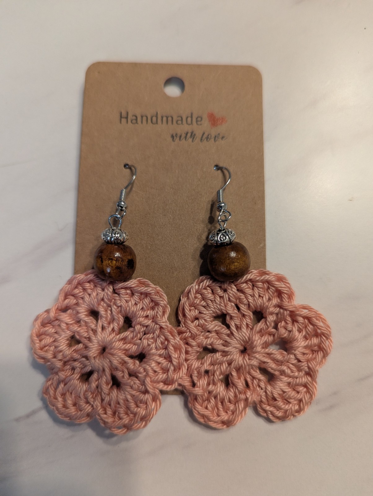 Handcrafted Pink Crochet Flower Dangle Earrings Lightweight & Beautiful 1&1/2 In