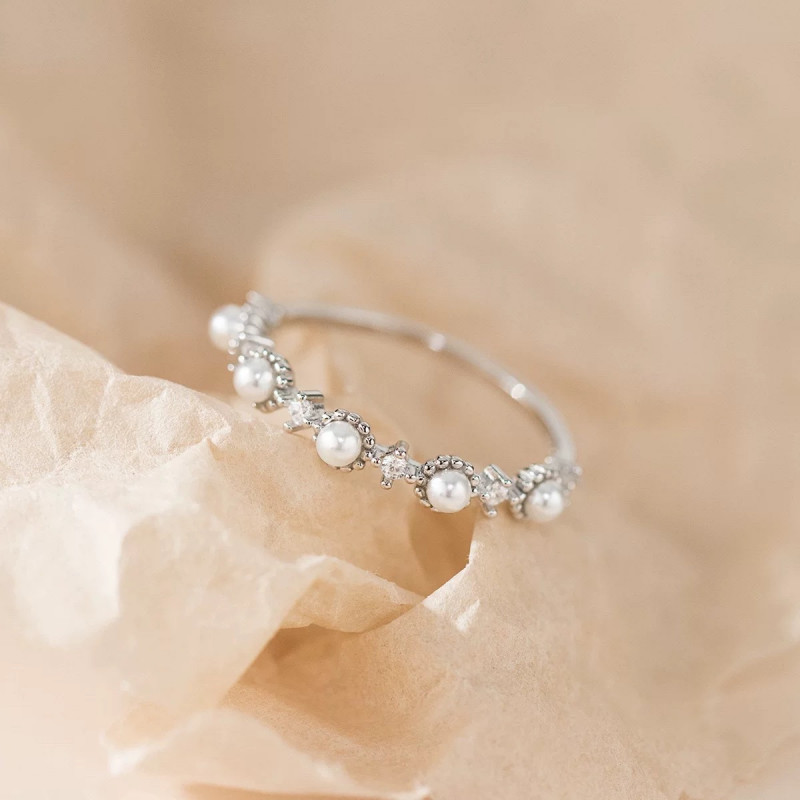 Dainty Gold Pearl Stacking Ring in 925 Sterling Silver