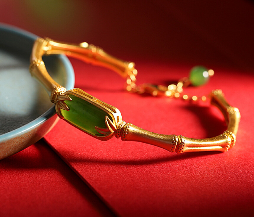 I03 Bamboo Bracelet with Green Jade Sterling Silver 925 Gold Plated