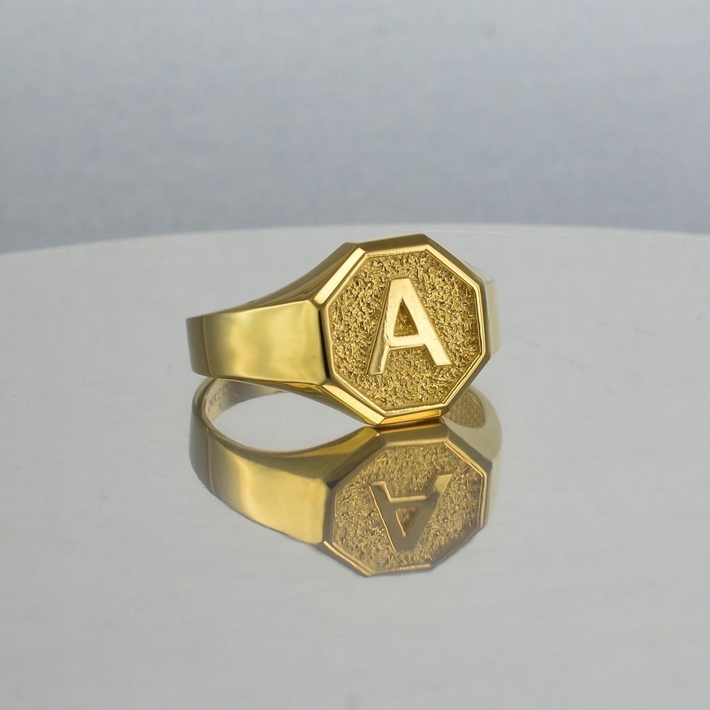 Men’s 10K Yellow Gold Letter Initial Octagon Signet Ring Personalized A–Z