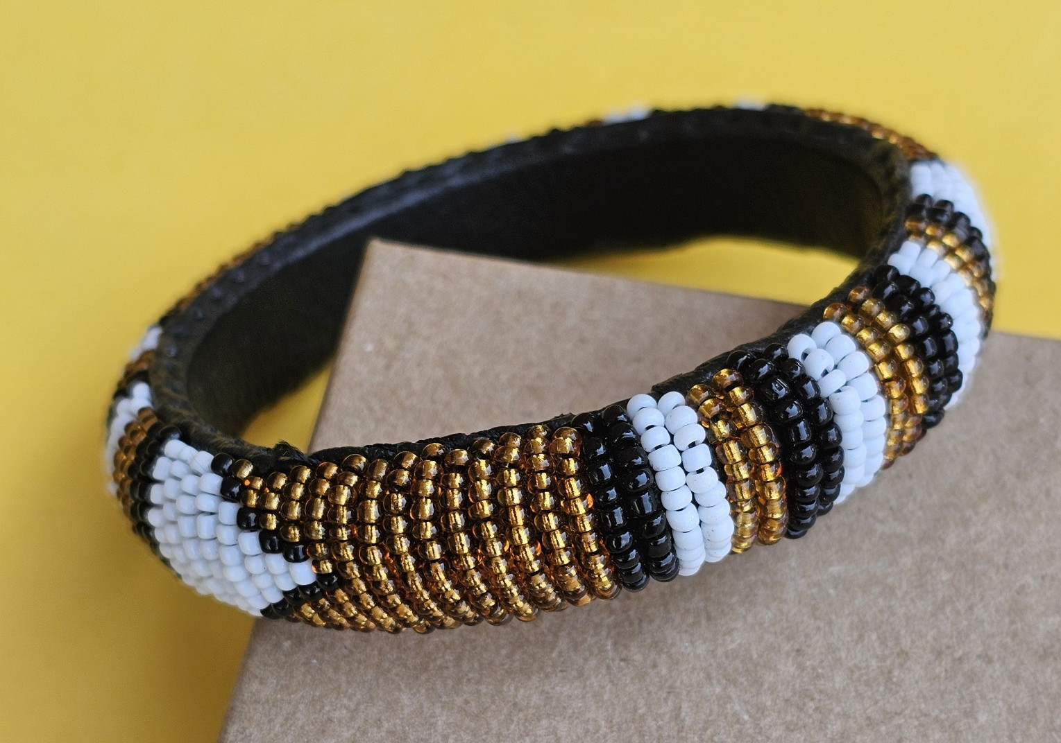 African- Maasai Beaded Leather Bangle Bracelet- Handcrafted in Kenya- New- e