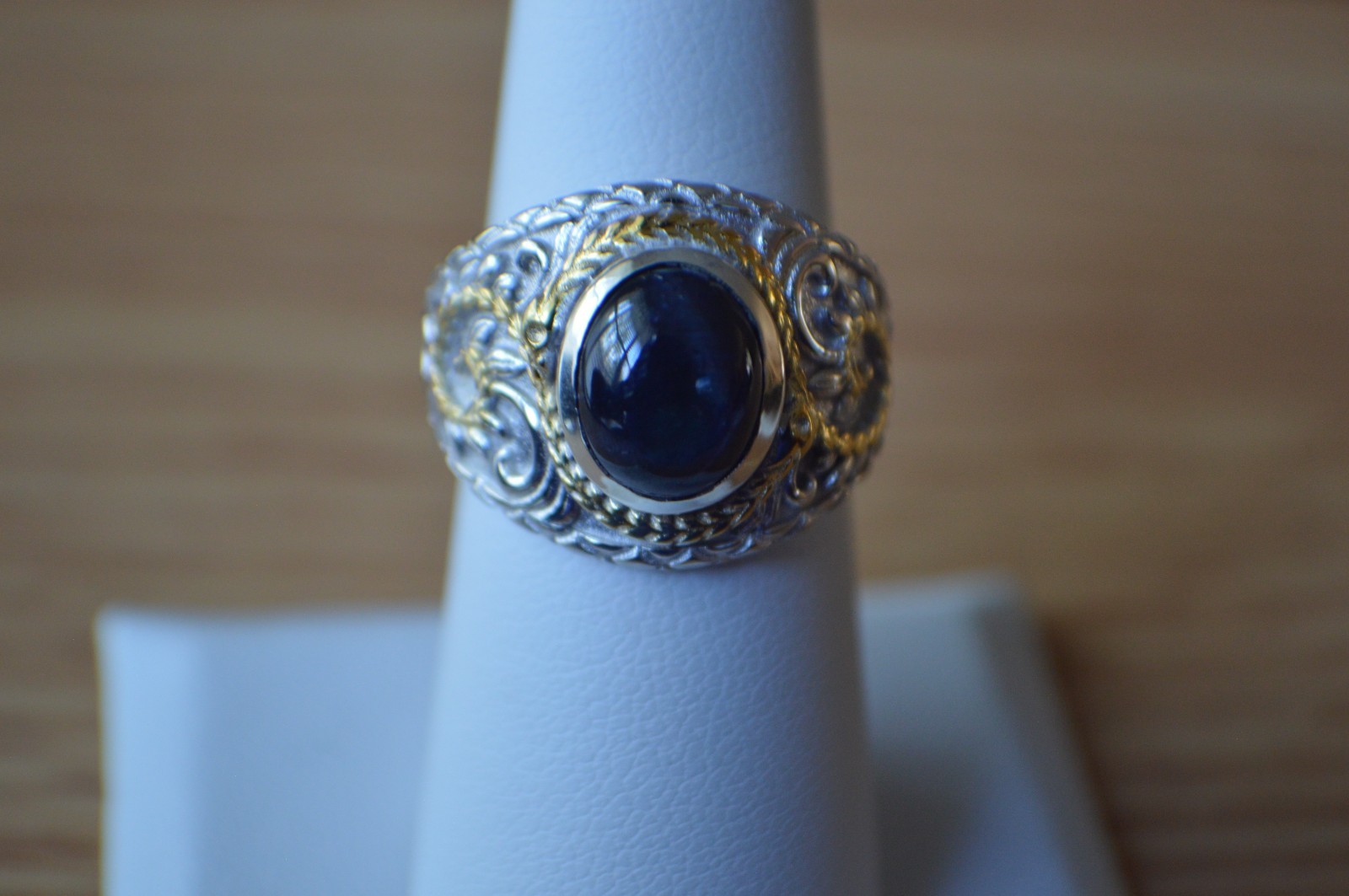 4.65ct Blue Star Sapphire Ring Rhodium & 18k YG Plated Over Fine Silver Size 7